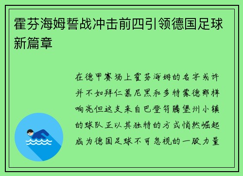 霍芬海姆誓战冲击前四引领德国足球新篇章