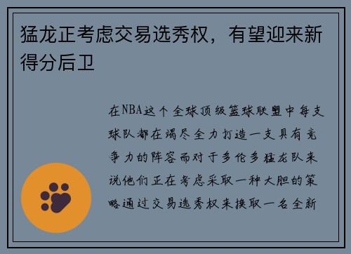 猛龙正考虑交易选秀权，有望迎来新得分后卫