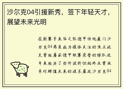 沙尔克04引援新秀，签下年轻天才，展望未来光明