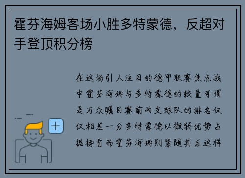 霍芬海姆客场小胜多特蒙德，反超对手登顶积分榜