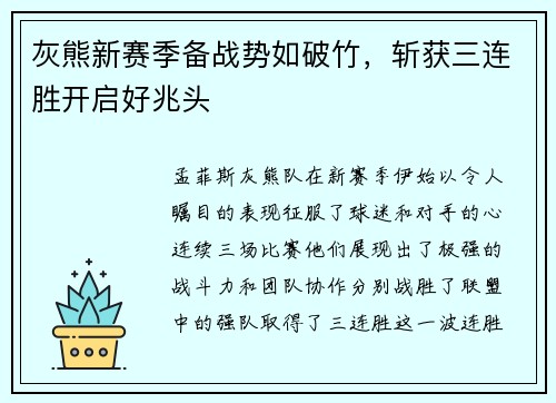灰熊新赛季备战势如破竹，斩获三连胜开启好兆头