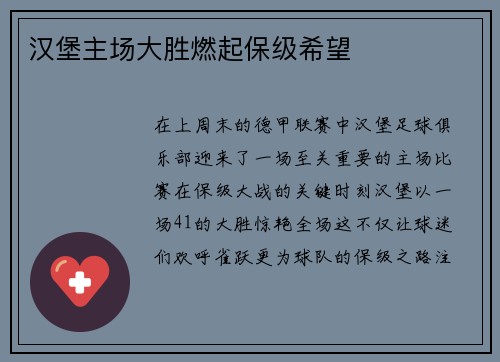 汉堡主场大胜燃起保级希望