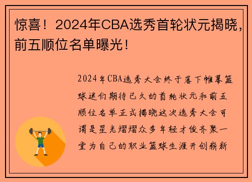 惊喜！2024年CBA选秀首轮状元揭晓，前五顺位名单曝光！