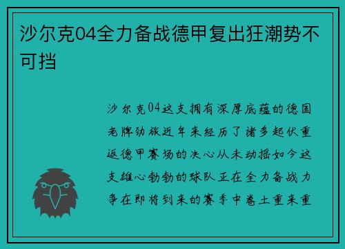 沙尔克04全力备战德甲复出狂潮势不可挡