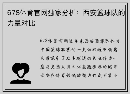 678体育官网独家分析：西安篮球队的力量对比