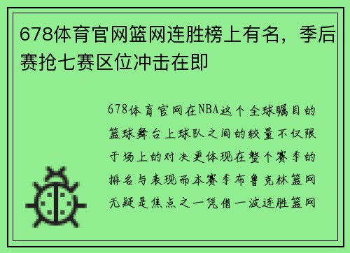 678体育官网篮网连胜榜上有名，季后赛抢七赛区位冲击在即