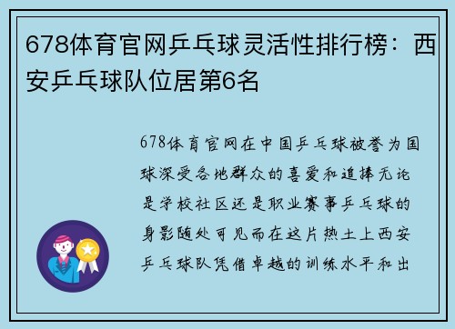 678体育官网乒乓球灵活性排行榜：西安乒乓球队位居第6名