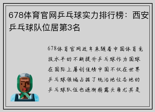 678体育官网乒乓球实力排行榜：西安乒乓球队位居第3名