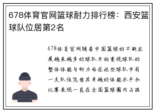 678体育官网篮球耐力排行榜：西安篮球队位居第2名